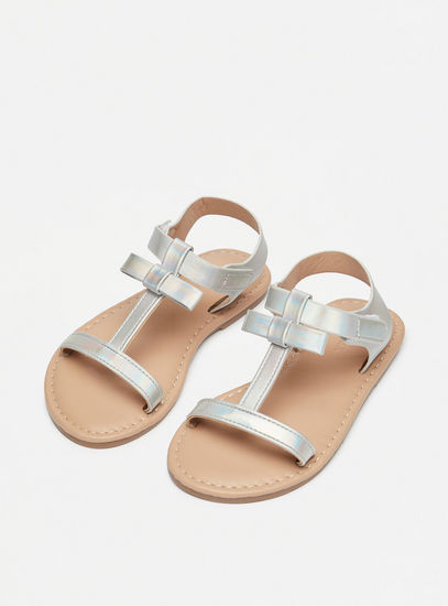 Iridescent Bow Applique T-strap Sandals with Hook and Loop Closure-Sandals-image-1