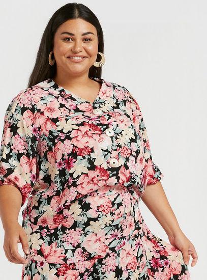 Floral Print V-neck Top with 3/4 Sleeves