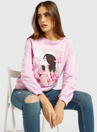 Graphic Print Round Neck Sweatshirt with Long Sleeves