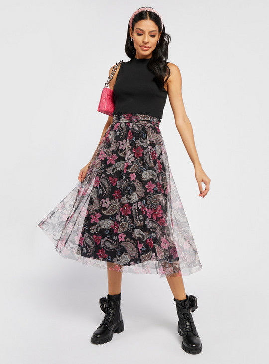 Printed Mesh Layered A-line Tulle Skirt