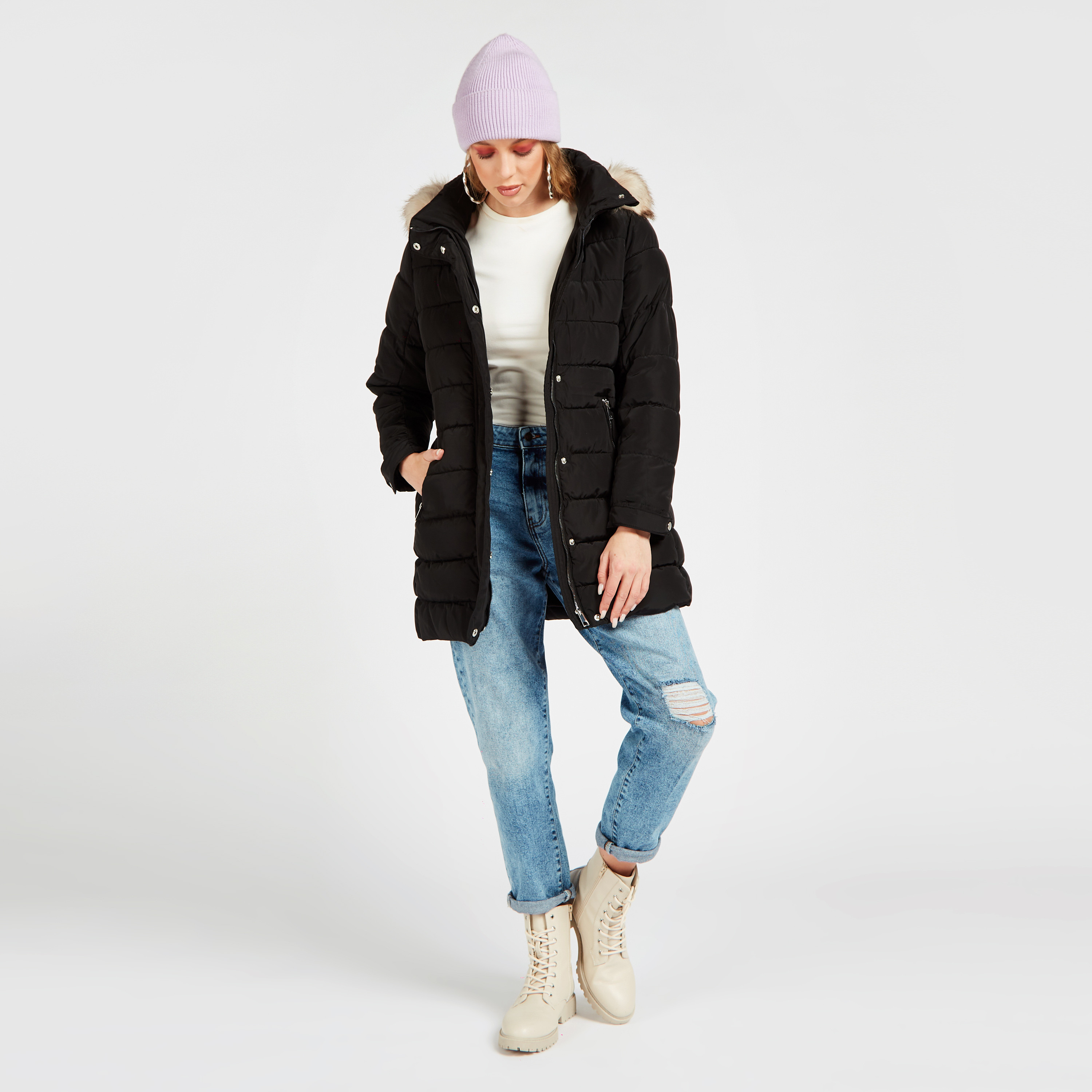 Shop Quilted Parka Jacket with Fur Hood and Pockets Online Max Qatar