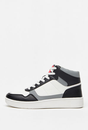 Colourblock Perforated High Top Sneakers with Lace-Up Closure