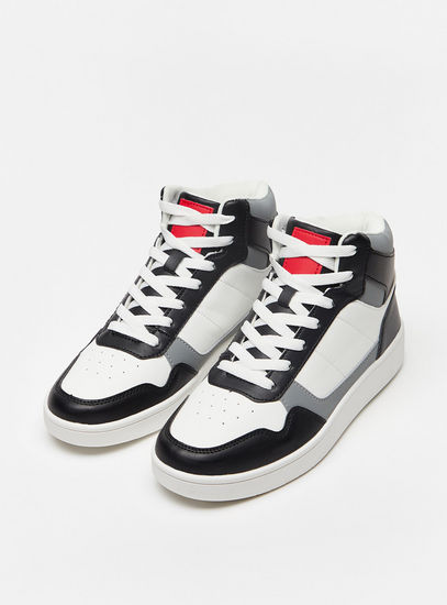 Colourblock Perforated High Top Sneakers with Lace-Up Closure