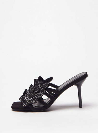 Butterfly Applique Detail Slip-On Sandals with Stiletto Heels-Heels-image-0