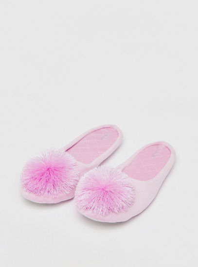 Solid Slip-On Bedroom Slippers with Pom-Pom Accent