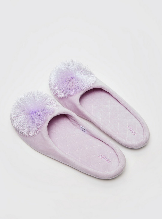 Solid Slip-On Bedroom Slippers with Pom-Pom Detail