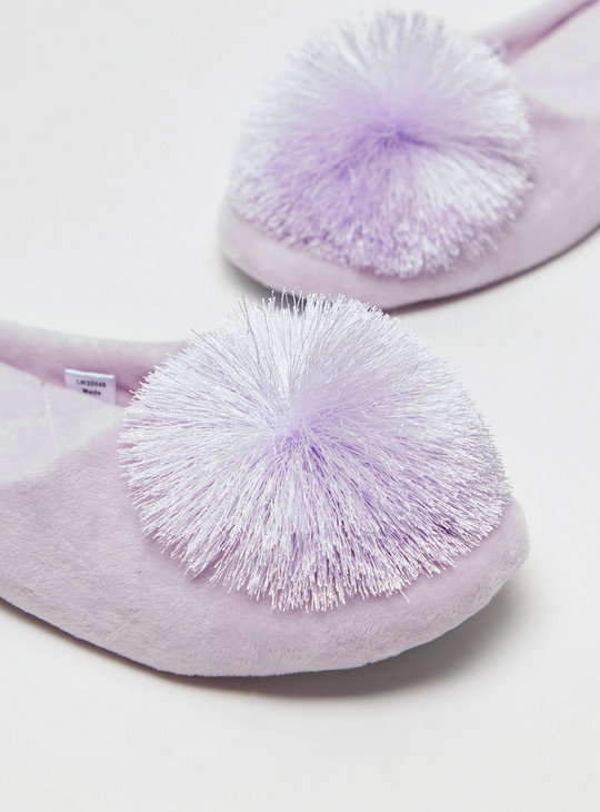 Solid Slip-On Bedroom Slippers with Pom-Pom Detail
