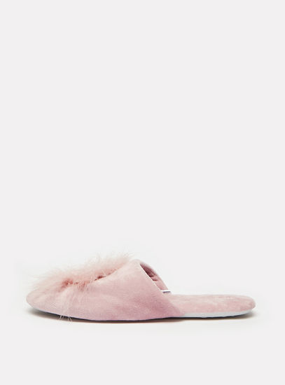 Textured Slip-On Bedroom Mules with Feather Accent