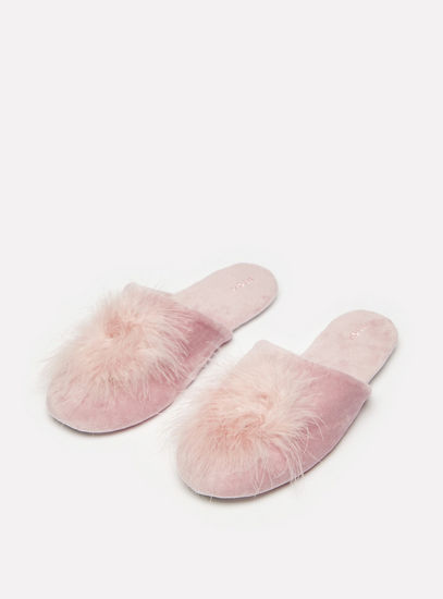 Textured Slip-On Bedroom Mules with Feather Accent