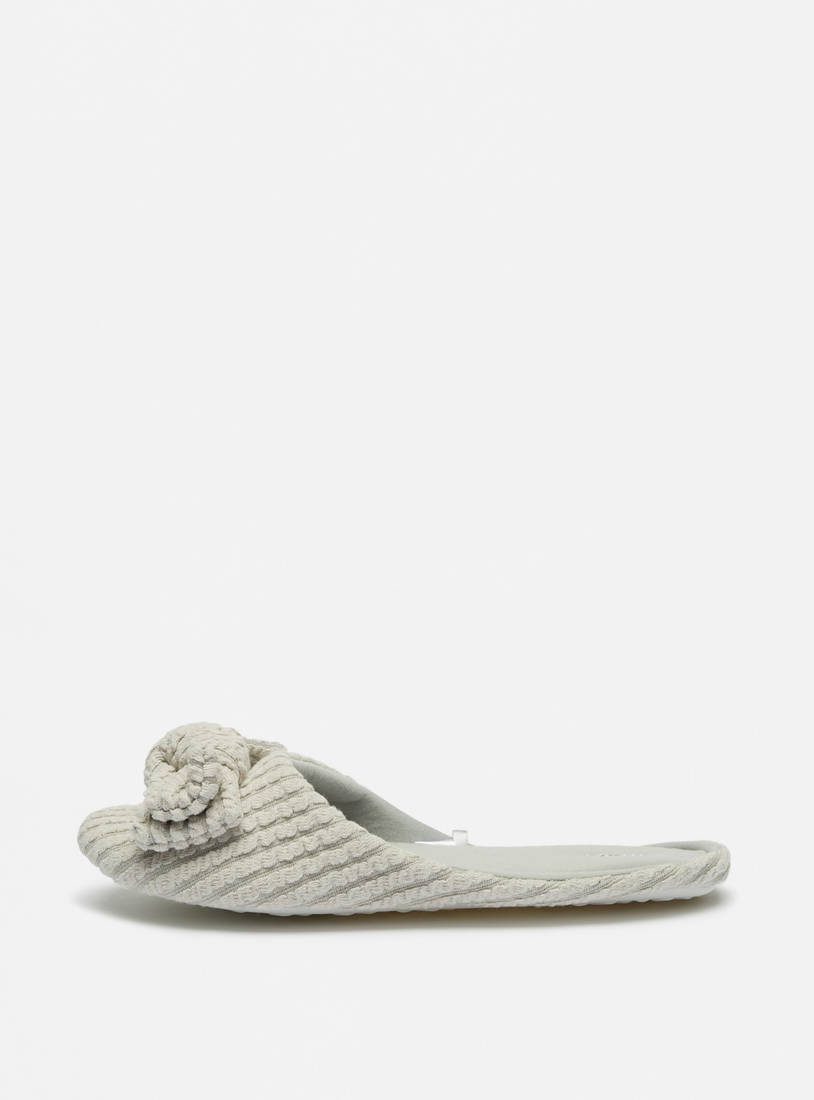 Textured Slip-On Slides with Bow Applique-Bedroom Slippers-image-0