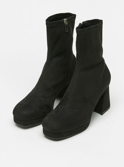 Solid Boots with Zip Closure and Block Heels