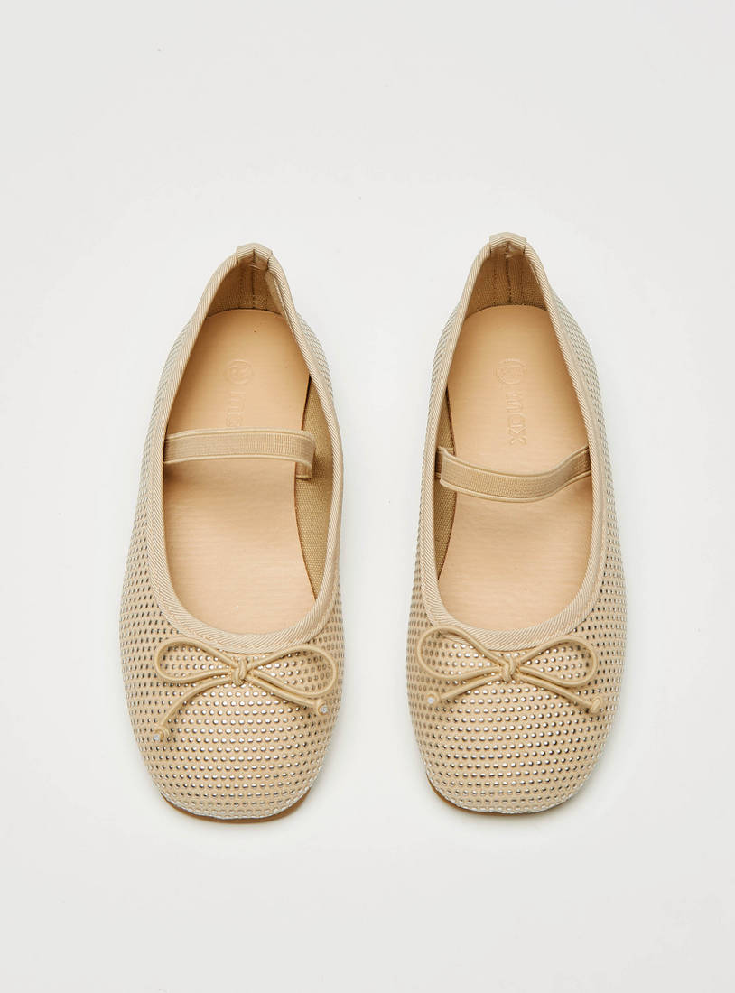 Embellished Round Toe Ballerina Shoes with Elasticated Strap and Bow Detail-Ballerinas-image-1