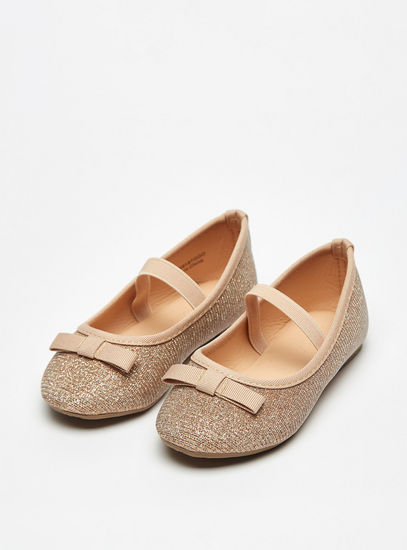 Glitter Detail Ballerina Shoes with Bow Accent and Strap Detail