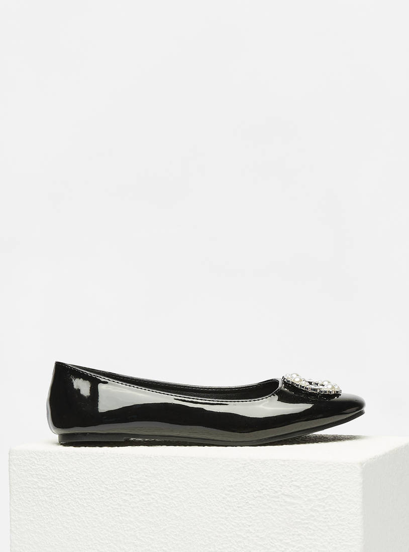 Pearl Studded Slip-On Round Toe Ballerina Shoes-Ballerinas-image-0