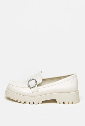 Solid Slip-On Chunky Loafers with Embellished Circular Accent