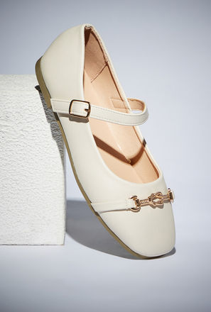 Plain Metallic Accent Ballerina Shoes with Buckle Closure-mxkids-shoes-girlseighttosixteenyrs-ballerinas-0