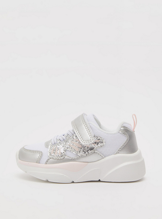 Embellished Sneakers with Hook and Loop Closure and Pull Tab