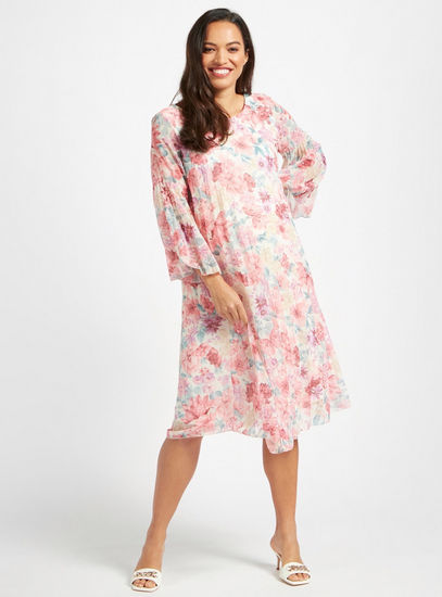 All-Over Floral Printed Midi Maternity Dress with Keyhole Closure