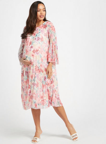 All-Over Floral Printed Midi Maternity Dress with Keyhole Closure