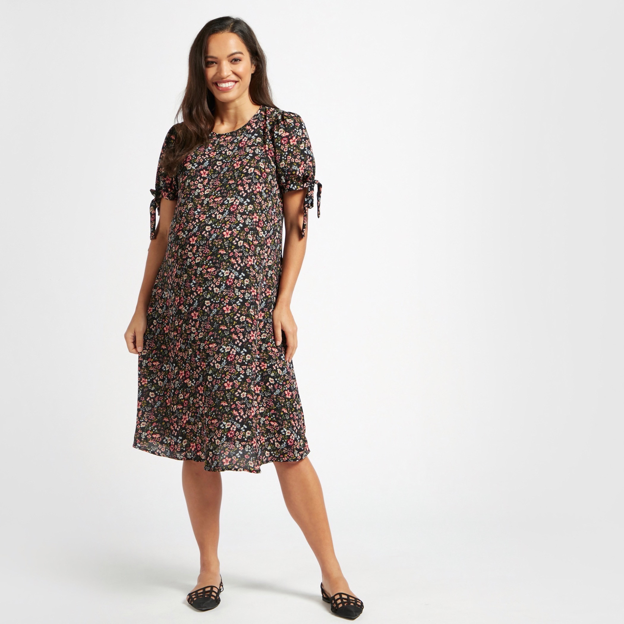 Shop All Over Floral Print Knee Length Maternity Dress with Tie Up Sleeves Online Max Oman