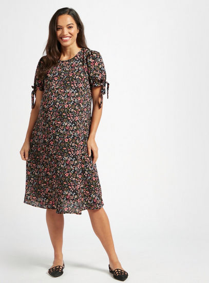 All-Over Floral Print Knee Length Maternity Dress with Tie-Up Sleeves