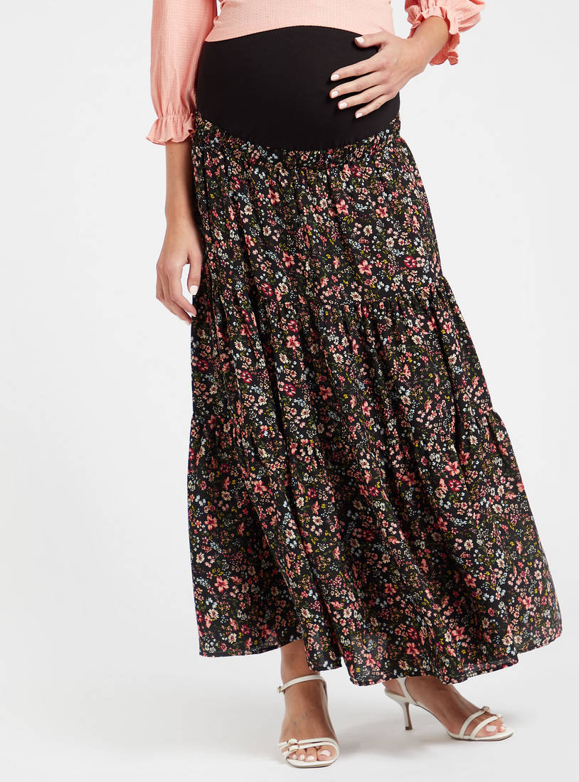 Floral Print Tiered Maternity Skirt-Skirts-image-0