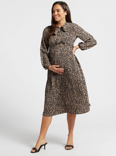 All-Over Floral Print Midi A-line Maternity Dress with Necktie