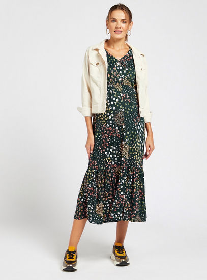 Floral Print Maternity Midi A-line Dress with Collar and 3/4 Sleeves