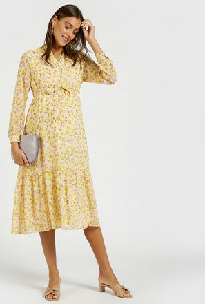 All-Over Floral Print Midi Tiered Maternity Dress with Long Sleeves