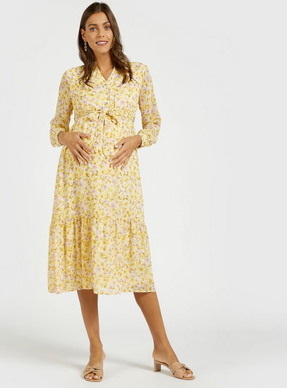 All-Over Floral Print Midi Tiered Maternity Dress with Long Sleeves
