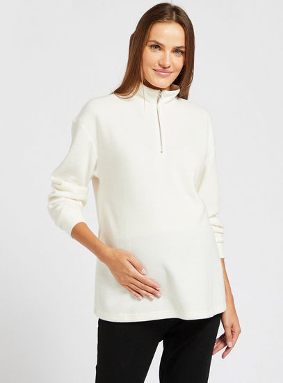 Solid Maternity Sweatshirt with High Neck and Long Sleeves
