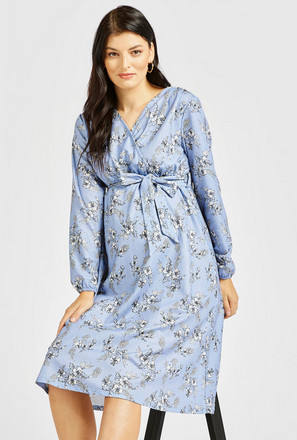 All-Over Floral Print Maternity A-line Dress with Long Sleeves