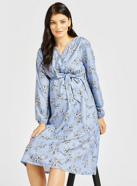 All-Over Floral Print Maternity A-line Dress with Long Sleeves