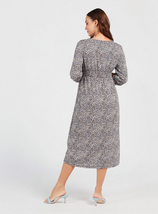 Floral Print Maternity Midi A-line Dress with Long Sleeves