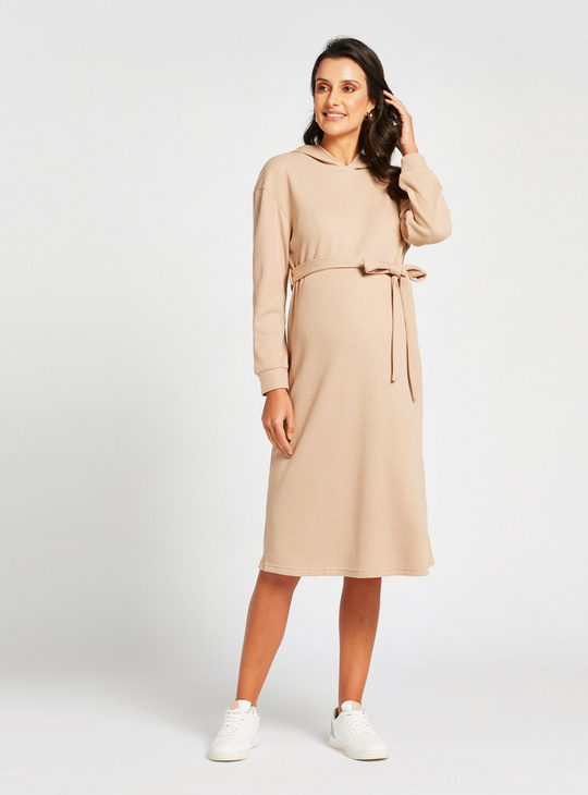 Textured Maternity Hooded Dress with Long Sleeves and Tie-Up