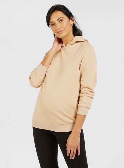 Solid Maternity Sweatshirt with Long Sleeves and Hood