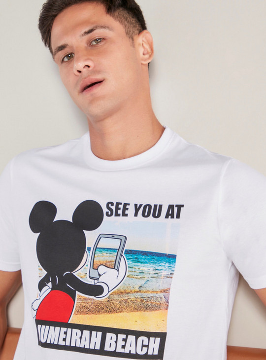 Mickey Mouse Print T-shirt with Round Neck and Short Sleeves