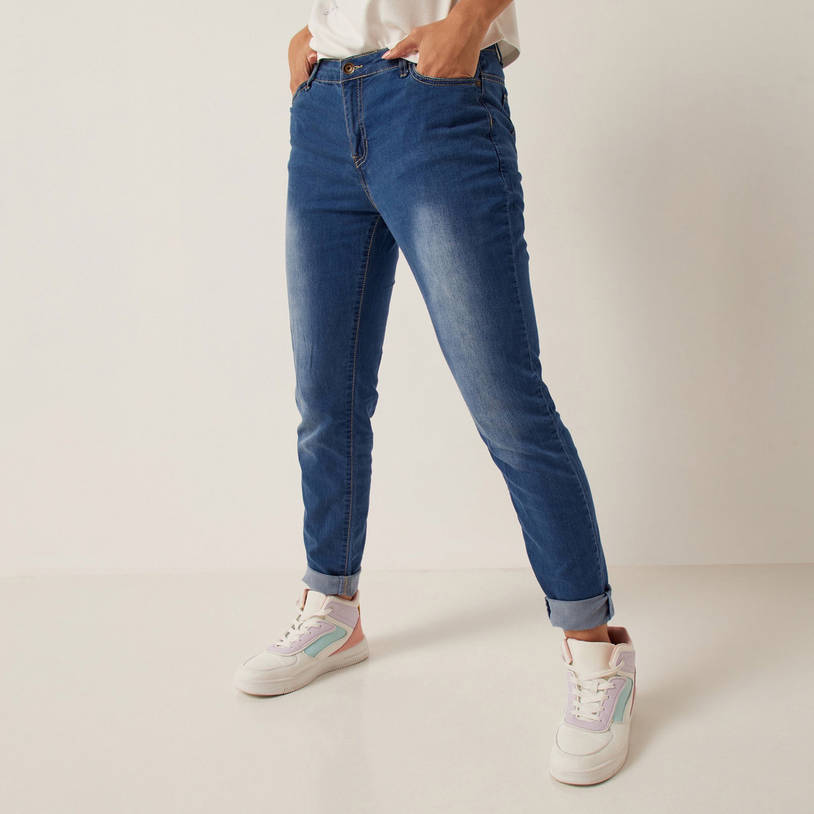 Solid Mid-Rise Full Length Denim Jeans with Button Closure--image-0