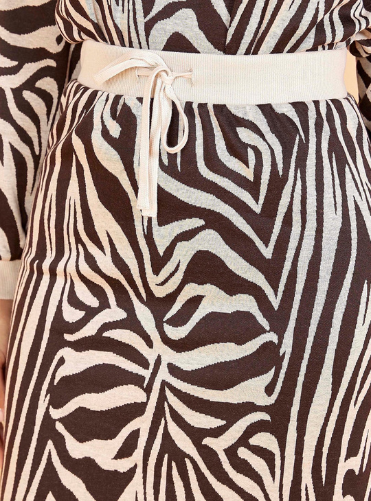 Zebra Print Midi A-line Skirt with Drawstring Closure