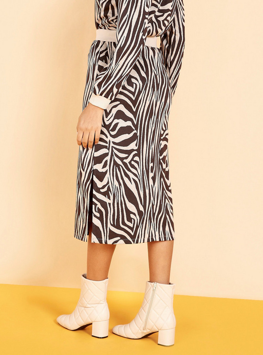 Zebra Print Midi A-line Skirt with Drawstring Closure