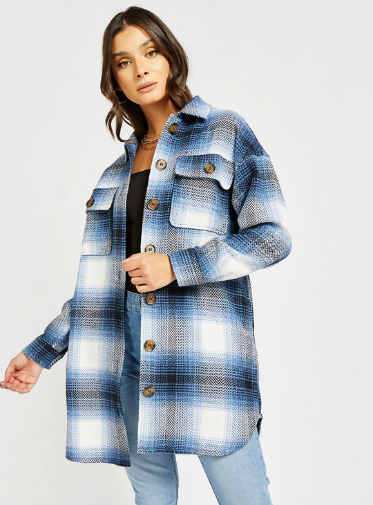 Chequered Longline Shacket with Long Sleeves