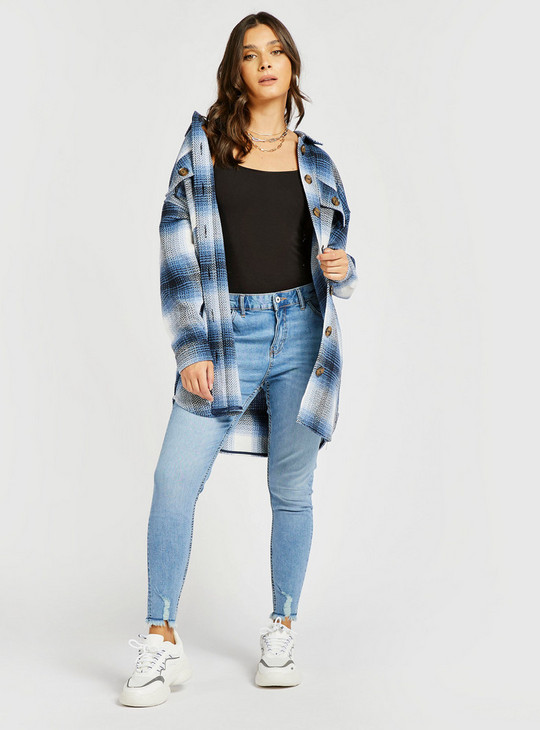 Chequered Longline Shacket with Long Sleeves