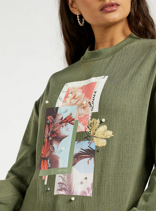 Pearl Detail Graphic Print Sweat Top with Round Neck and Long Sleeves