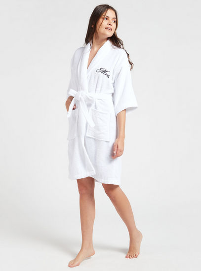 Textured Bathrobe with Tie Up Belt and Pockets-Bathrobes-image-1