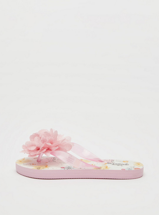 Princess Print Thong Slippers with Flower Applique