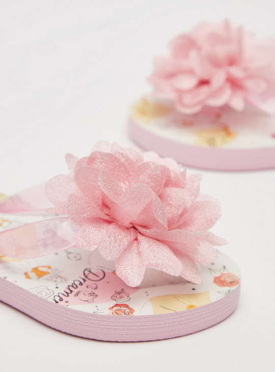 Princess Print Thong Slippers with Flower Applique