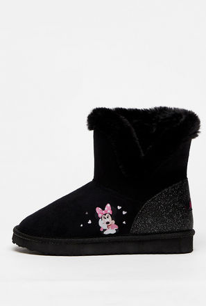Minnie Mouse Print Slip-On Boots with Plush Detail