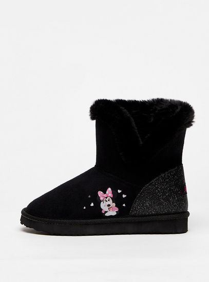 Minnie Mouse Print Slip-On Boots with Plush Detail