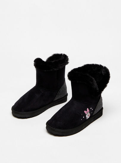 Minnie Mouse Print Slip-On Boots with Plush Detail-Boots-image-1