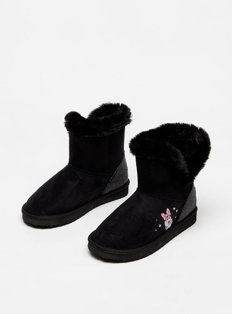 Minnie Mouse Print Slip-On Boots with Plush Detail-Boots-image-1